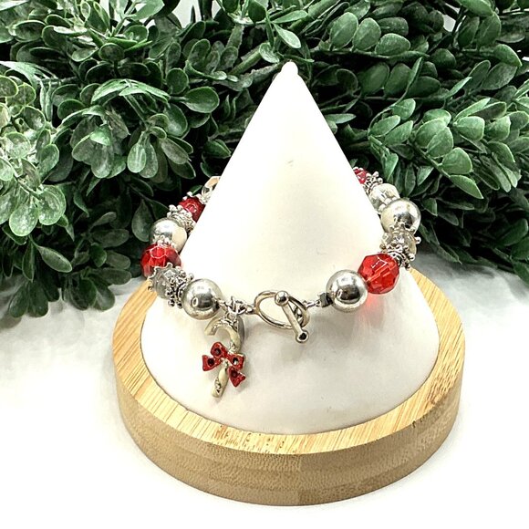 Beaded Bracelet Red and Clear With Silver Accents and Candy Cane Charm - Picture 6 of 8